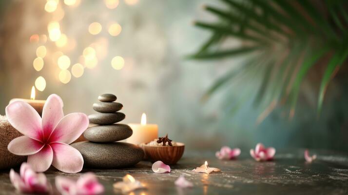 Stacked smooth stones are surrounded by candles, pink flowers, and a warm, blurred backdrop, creating a serene, meditative atmosphere.